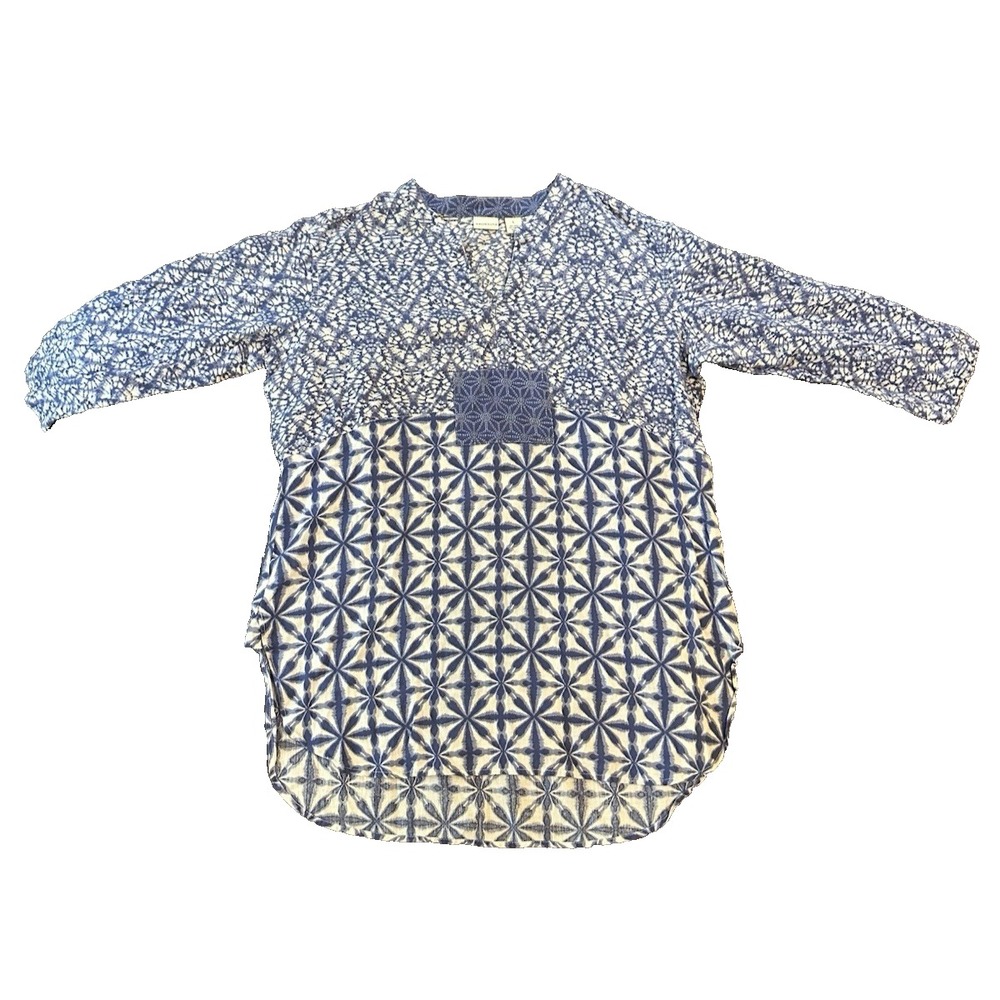 Boho Coastal Linen Cotton Womens Tunic Top L Blue White Artisan Coastal Grandma